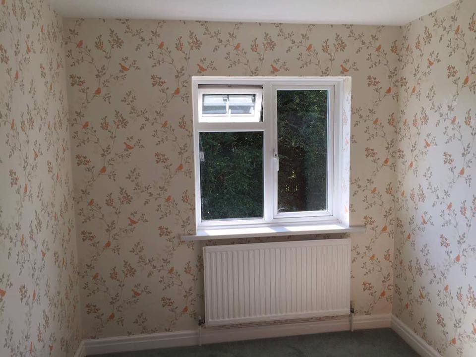 Floral and bird patterned wallpaper hung neatly with crisp seams